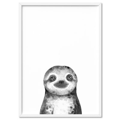 Sloth Baby Peek a Boo Animal - Art Print, Poster, Stretched Canvas, or Framed Wall Art Print, shown in a white frame