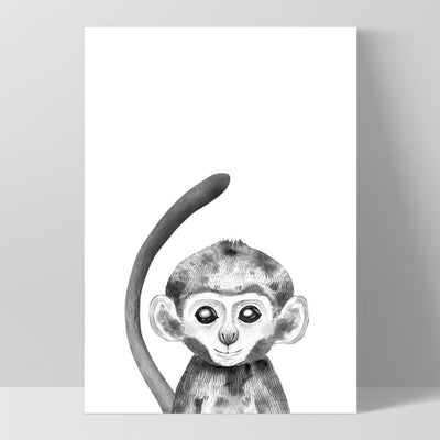 Monkey Baby Peek a Boo Animal - Art Print, Poster, Stretched Canvas, or Framed Wall Art Print, shown as a stretched canvas or poster without a frame