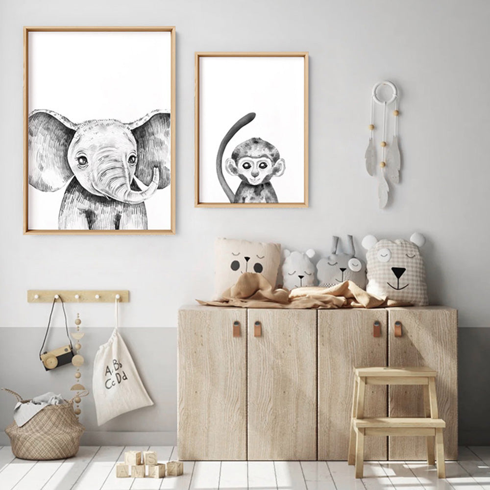 Monkey Baby Peek a Boo Animal - Art Print, Poster, Stretched Canvas or Framed Wall Art, shown framed in a home interior space