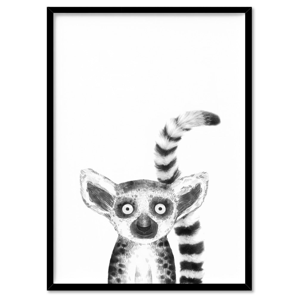 Lemur Baby Peek a Boo Animal - Art Print, Poster, Stretched Canvas, or Framed Wall Art Print, shown in a black frame