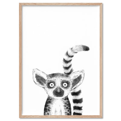 Lemur Baby Peek a Boo Animal - Art Print, Poster, Stretched Canvas, or Framed Wall Art Print, shown in a natural timber frame