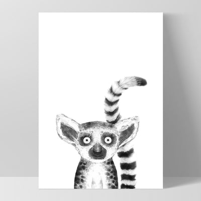 Lemur Baby Peek a Boo Animal - Art Print, Poster, Stretched Canvas, or Framed Wall Art Print, shown as a stretched canvas or poster without a frame