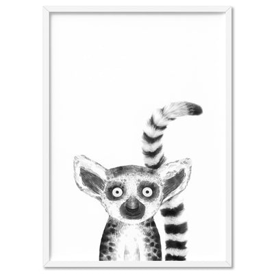 Lemur Baby Peek a Boo Animal - Art Print, Poster, Stretched Canvas, or Framed Wall Art Print, shown in a white frame