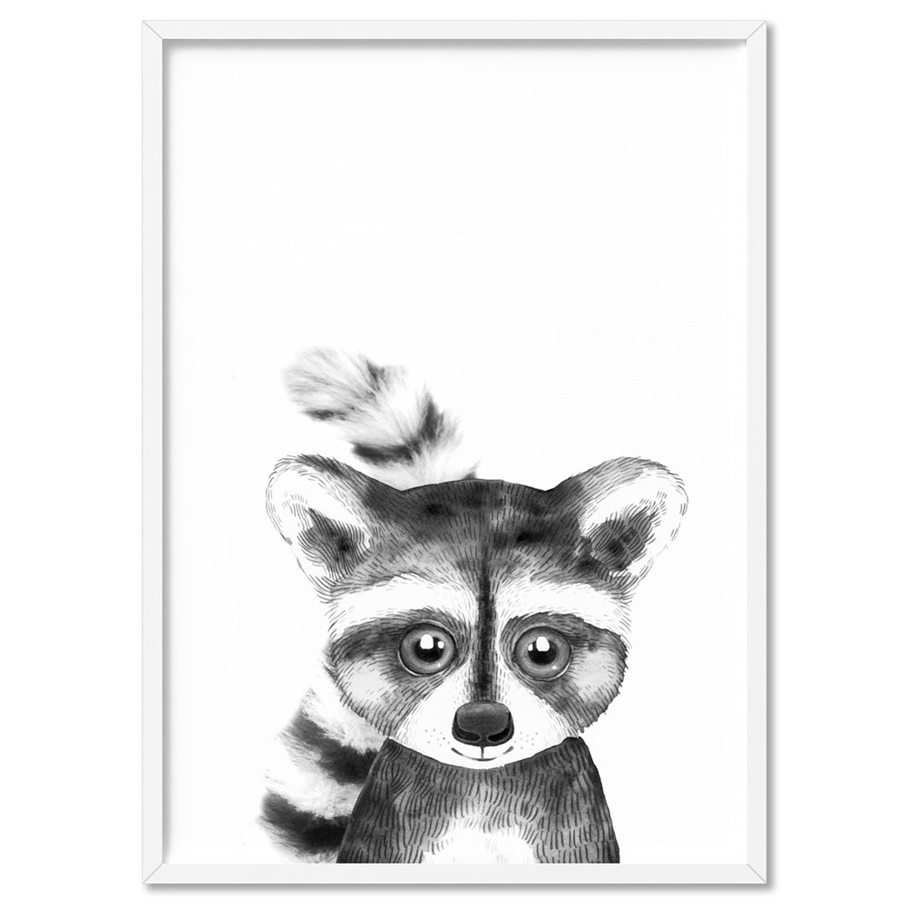 Raccoon Baby Peek a Boo Animal - Art Print, Poster, Stretched Canvas, or Framed Wall Art Print, shown in a white frame
