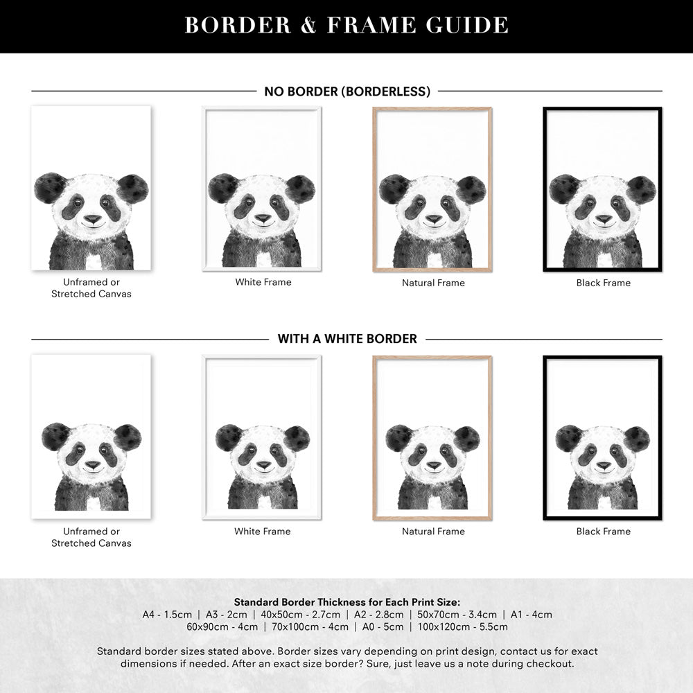 Panda Baby Peek a Boo Animal - Art Print, Poster, Stretched Canvas or Framed Wall Art, Showing White , Black, Natural Frame Colours, No Frame (Unframed) or Stretched Canvas, and With or Without White Borders