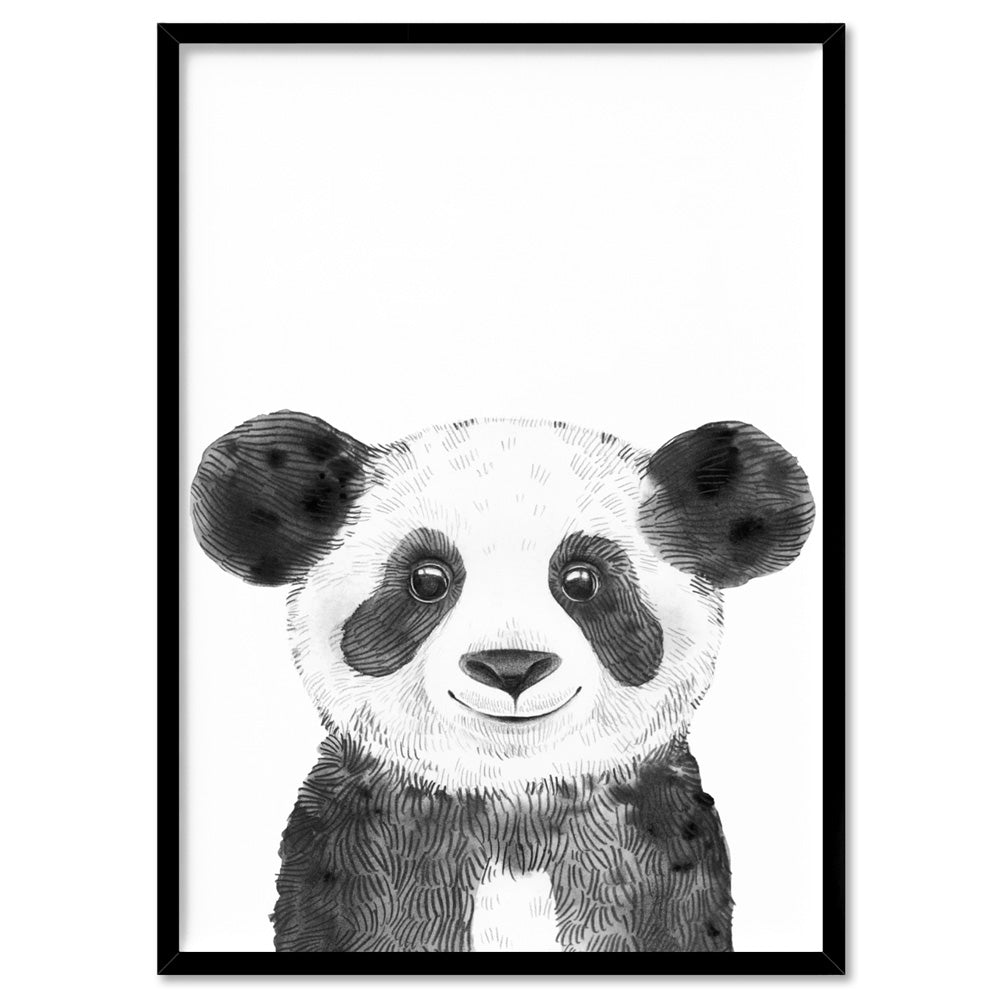 Panda Baby Peek a Boo Animal - Art Print, Poster, Stretched Canvas, or Framed Wall Art Print, shown in a black frame