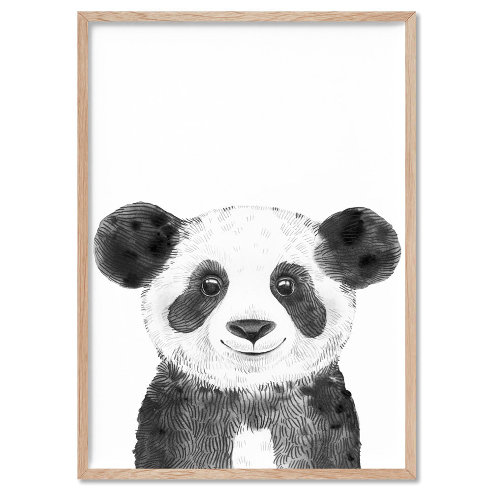 Panda Baby Peek a Boo Animal - Art Print, Poster, Stretched Canvas, or Framed Wall Art Print, shown in a natural timber frame