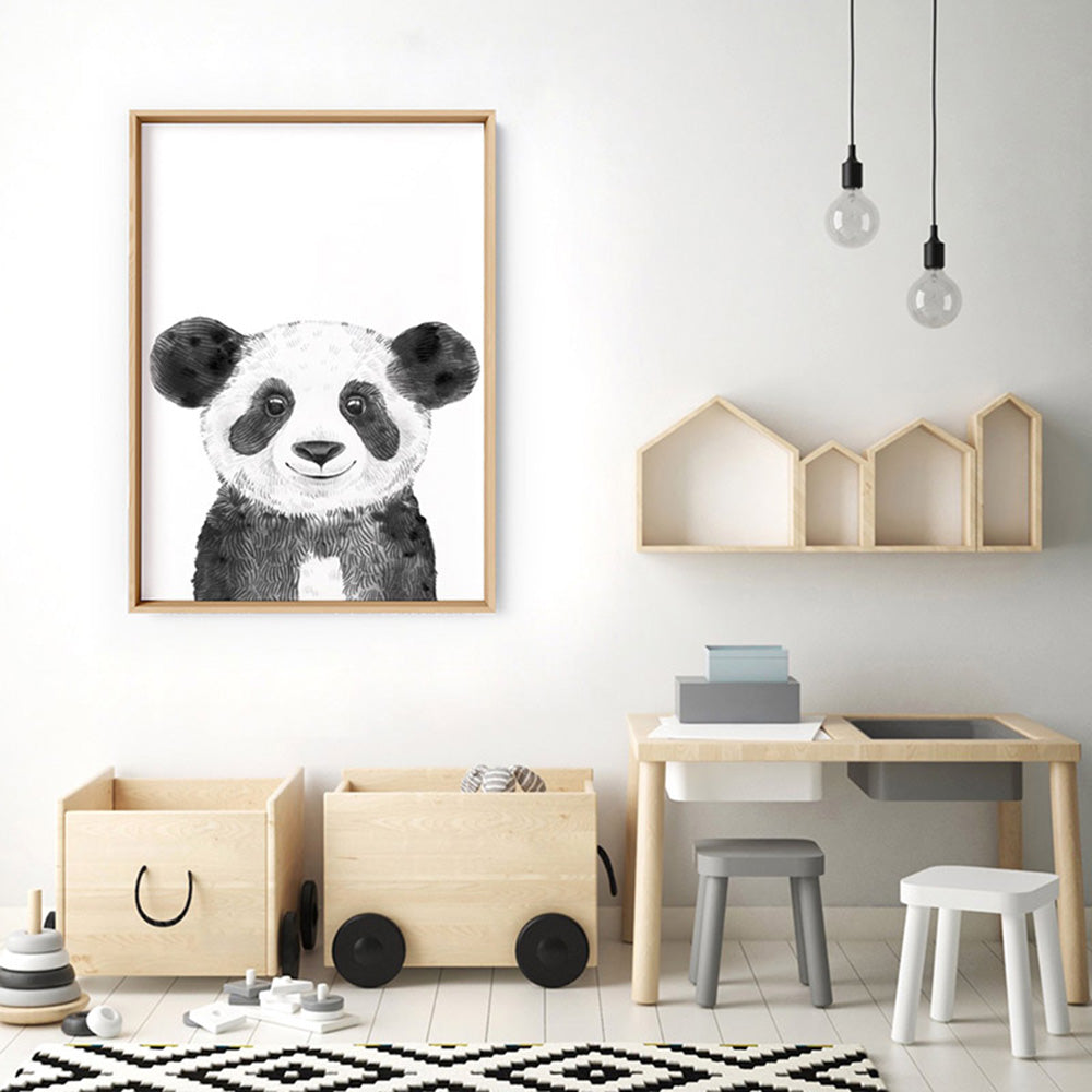 Panda Baby Peek a Boo Animal - Art Print, Poster, Stretched Canvas or Framed Wall Art Prints, shown framed in a room