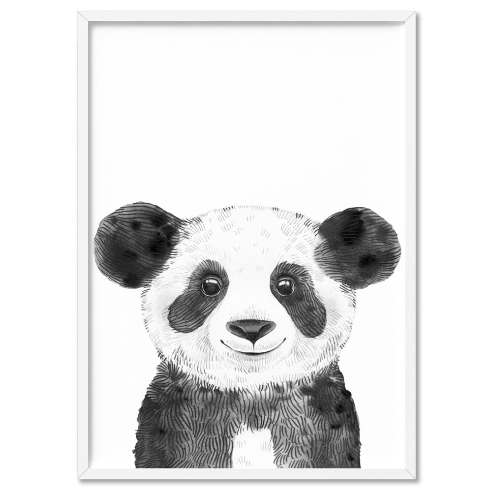 Panda Baby Peek a Boo Animal - Art Print, Poster, Stretched Canvas, or Framed Wall Art Print, shown in a white frame