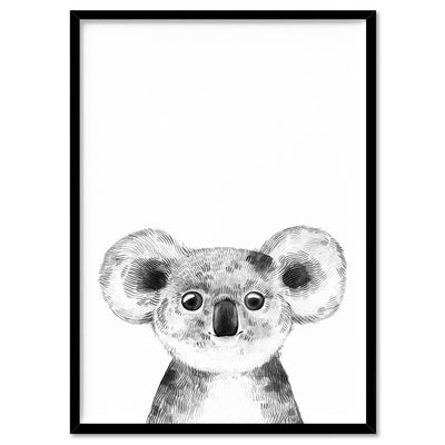 Koala Baby Peek a Boo Animal - Art Print, Poster, Stretched Canvas, or Framed Wall Art Print, shown in a black frame