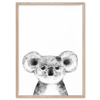 Koala Baby Peek a Boo Animal - Art Print, Poster, Stretched Canvas, or Framed Wall Art Print, shown in a natural timber frame