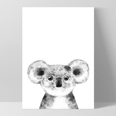 Koala Baby Peek a Boo Animal - Art Print, Poster, Stretched Canvas, or Framed Wall Art Print, shown as a stretched canvas or poster without a frame