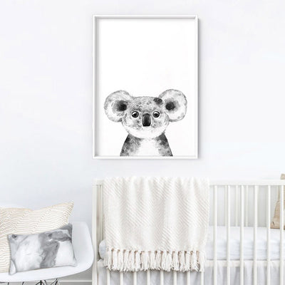 Koala Baby Peek a Boo Animal - Art Print, Poster, Stretched Canvas or Framed Wall Art Prints, shown framed in a room