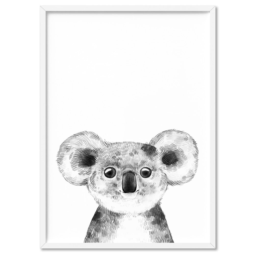 Koala Baby Peek a Boo Animal - Art Print, Poster, Stretched Canvas, or Framed Wall Art Print, shown in a white frame