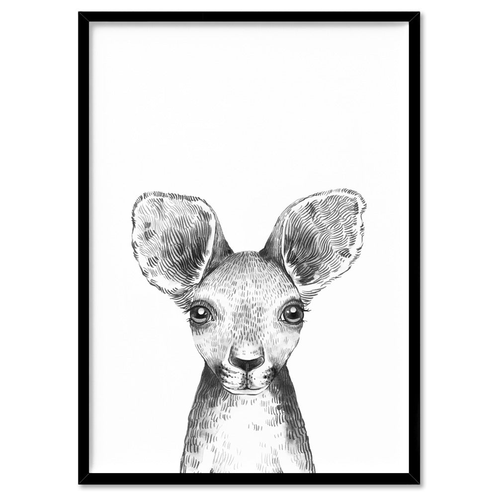Kangaroo Joey Baby Peek a Boo Animal - Art Print, Poster, Stretched Canvas, or Framed Wall Art Print, shown in a black frame