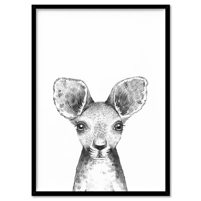 Kangaroo Joey Baby Peek a Boo Animal - Art Print, Poster, Stretched Canvas, or Framed Wall Art Print, shown in a black frame