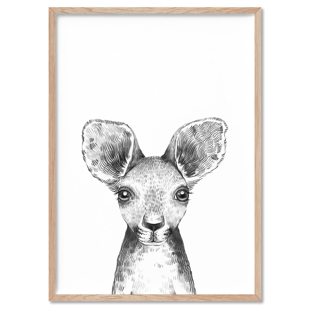 Kangaroo Joey Baby Peek a Boo Animal - Art Print, Poster, Stretched Canvas, or Framed Wall Art Print, shown in a natural timber frame
