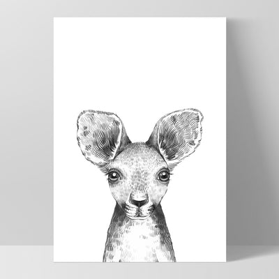 Kangaroo Joey Baby Peek a Boo Animal - Art Print, Poster, Stretched Canvas, or Framed Wall Art Print, shown as a stretched canvas or poster without a frame