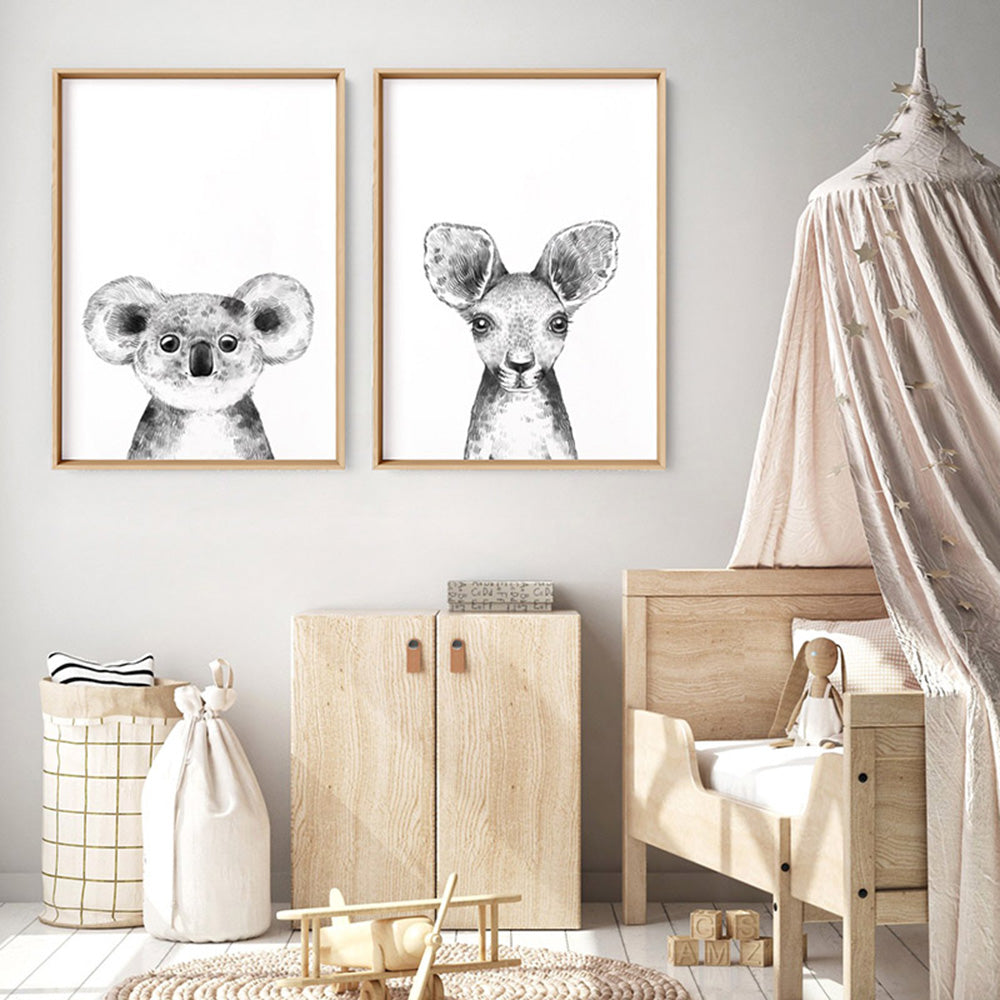 Kangaroo Joey Baby Peek a Boo Animal - Art Print, Poster, Stretched Canvas or Framed Wall Art, shown framed in a home interior space