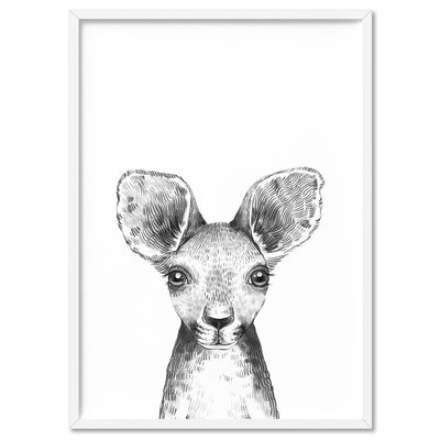 Kangaroo Joey Baby Peek a Boo Animal - Art Print, Poster, Stretched Canvas, or Framed Wall Art Print, shown in a white frame