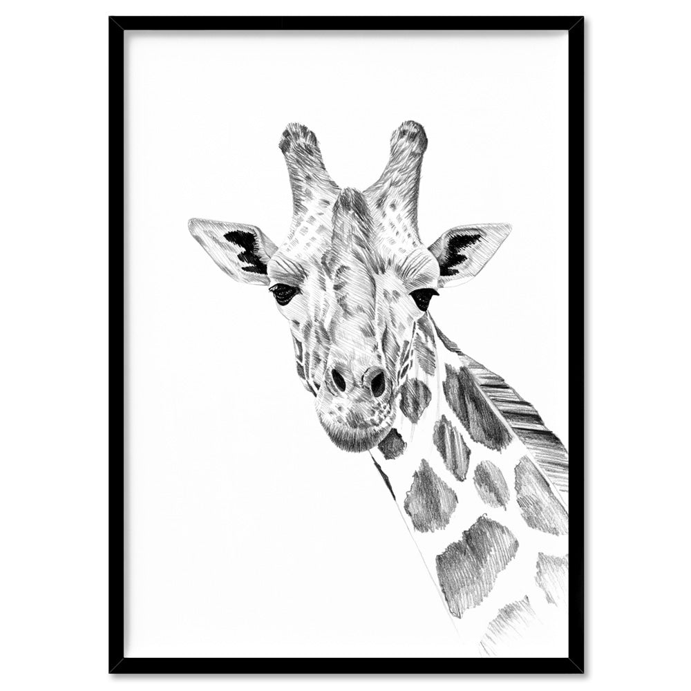 On Safari | Giraffe Sketch - Art Print, Poster, Stretched Canvas, or Framed Wall Art Print, shown in a black frame