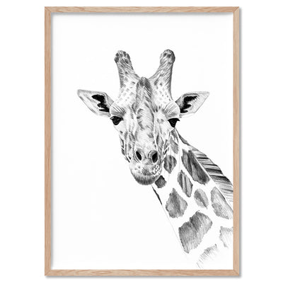 On Safari | Giraffe Sketch - Art Print, Poster, Stretched Canvas, or Framed Wall Art Print, shown in a natural timber frame