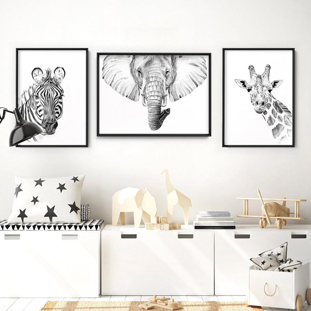 On Safari | Giraffe Sketch - Art Print, Poster, Stretched Canvas or Framed Wall Art, shown framed in a home interior space