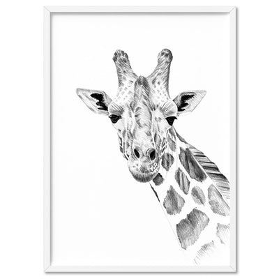 On Safari | Giraffe Sketch - Art Print, Poster, Stretched Canvas, or Framed Wall Art Print, shown in a white frame