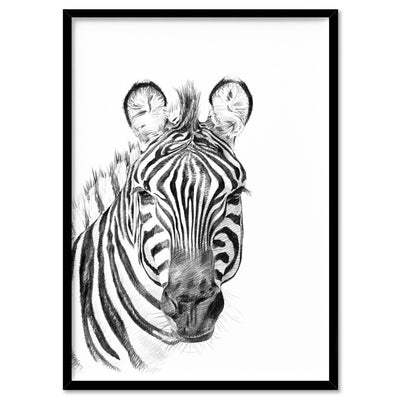 On Safari | Zebra Sketch - Art Print, Poster, Stretched Canvas, or Framed Wall Art Print, shown in a black frame
