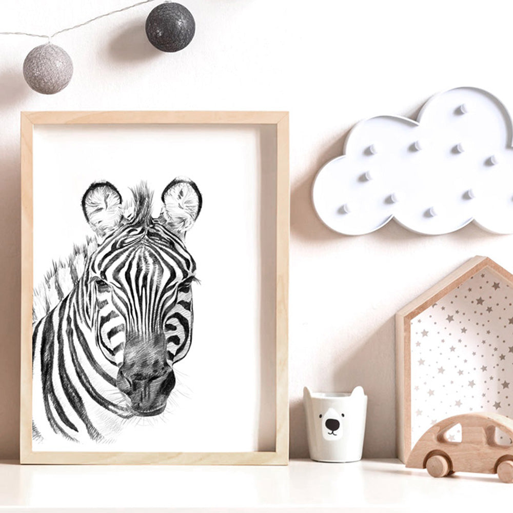 On Safari | Zebra Sketch - Art Print, Poster, Stretched Canvas or Framed Wall Art Prints, shown framed in a room