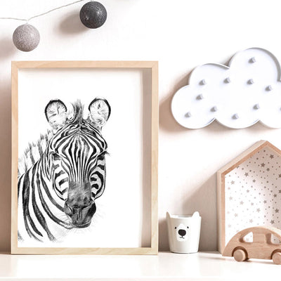 On Safari | Zebra Sketch - Art Print, Poster, Stretched Canvas or Framed Wall Art Prints, shown framed in a room