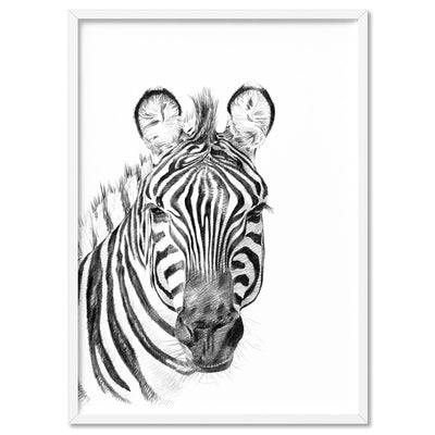 On Safari | Zebra Sketch - Art Print, Poster, Stretched Canvas, or Framed Wall Art Print, shown in a white frame