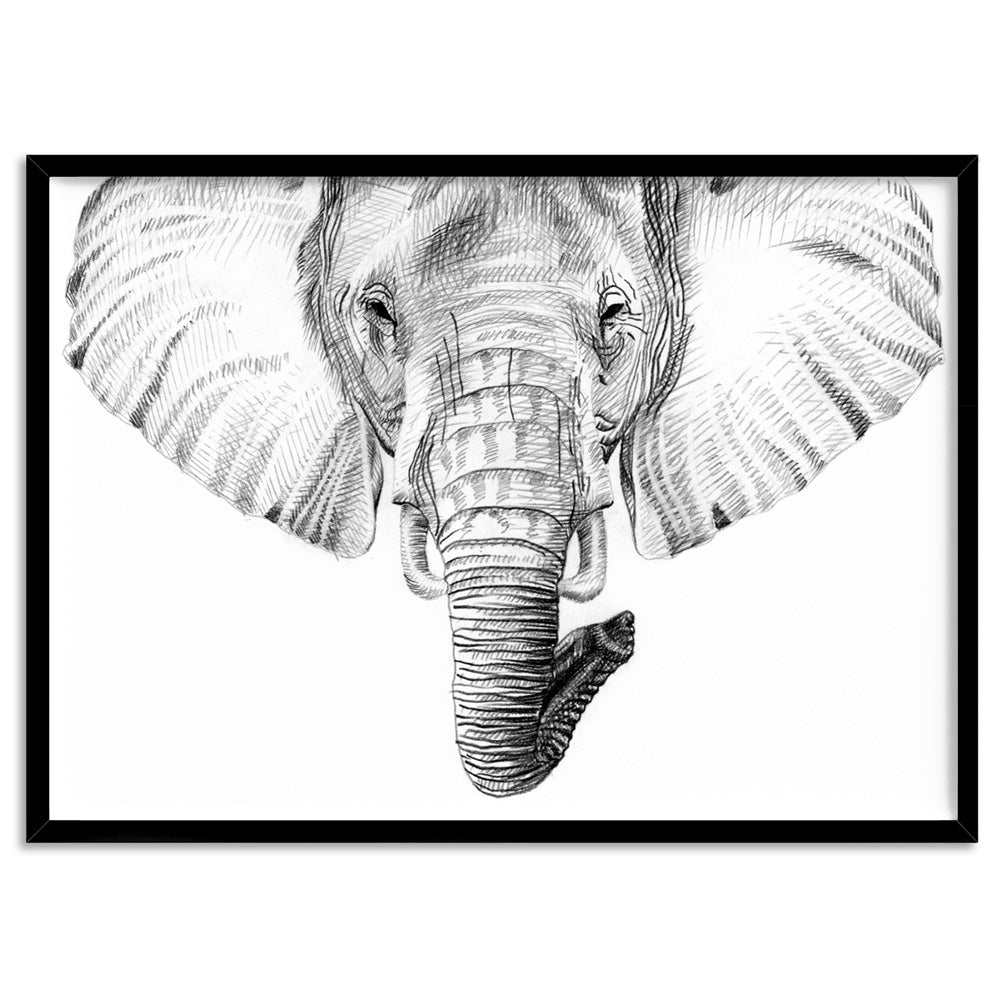 On Safari | Elephant Sketch - Art Print, Poster, Stretched Canvas, or Framed Wall Art Print, shown in a black frame