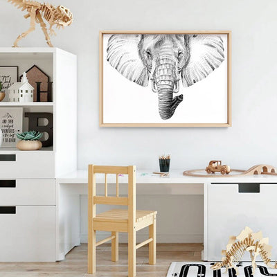On Safari | Elephant Sketch - Art Print, Poster, Stretched Canvas or Framed Wall Art Prints, shown framed in a room