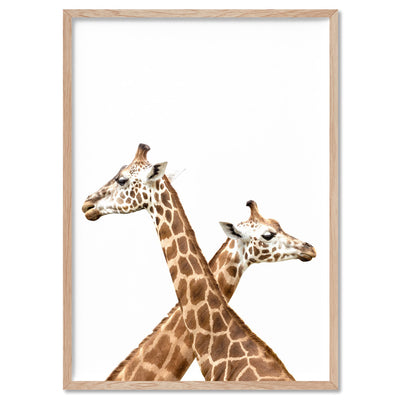 Grazing Giraffe Duo - Art Print, Poster, Stretched Canvas, or Framed Wall Art Print, shown in a natural timber frame