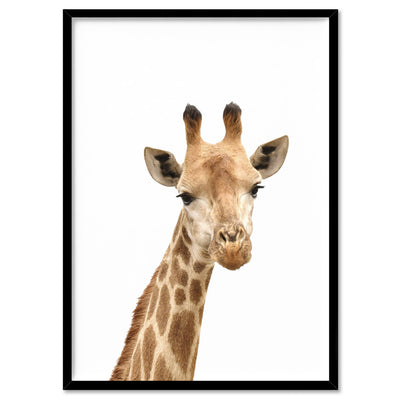 Cheeky Giraffe Stare - Art Print, Poster, Stretched Canvas, or Framed Wall Art Print, shown in a black frame