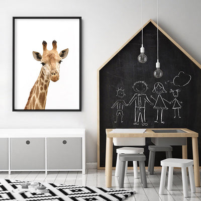 Cheeky Giraffe Stare - Art Print, Poster, Stretched Canvas or Framed Wall Art Prints, shown framed in a room