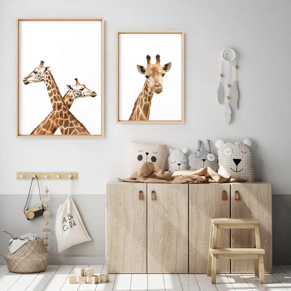 Cheeky Giraffe Stare - Art Print, Poster, Stretched Canvas or Framed Wall Art, shown framed in a home interior space