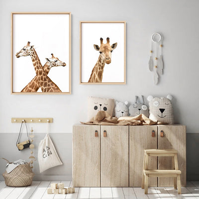 Cheeky Giraffe Stare - Art Print, Poster, Stretched Canvas or Framed Wall Art, shown framed in a home interior space