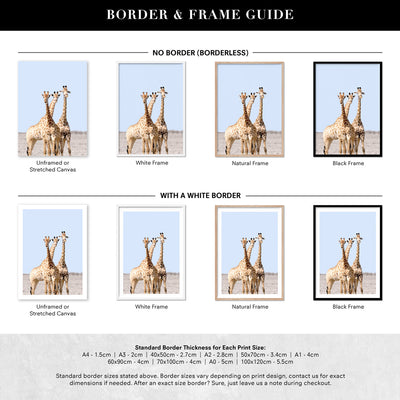 Giraffe Trio on Safari - Art Print, Poster, Stretched Canvas or Framed Wall Art, Showing White , Black, Natural Frame Colours, No Frame (Unframed) or Stretched Canvas, and With or Without White Borders