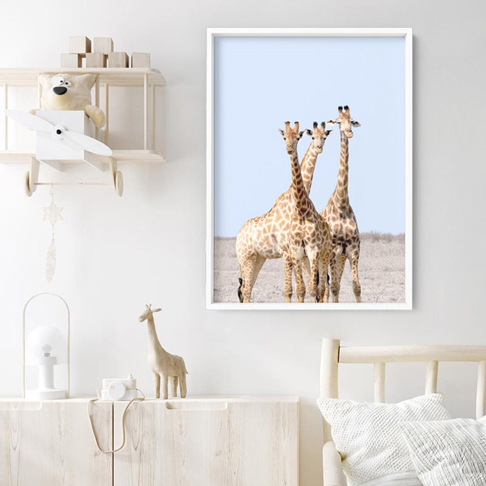 Giraffe Trio on Safari - Art Print, Poster, Stretched Canvas or Framed Wall Art Prints, shown framed in a room