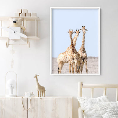 Giraffe Trio on Safari - Art Print, Poster, Stretched Canvas or Framed Wall Art Prints, shown framed in a room
