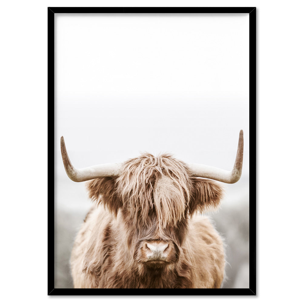 Highland Cow Portrait I - Art Print, Poster, Stretched Canvas, or Framed Wall Art Print, shown in a black frame