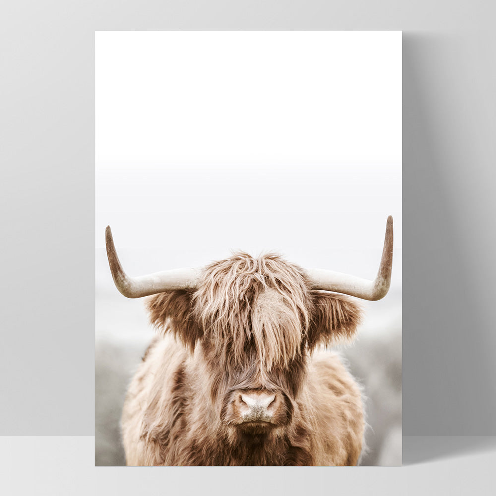 Highland Cow Portrait I - Art Print, Poster, Stretched Canvas, or Framed Wall Art Print, shown as a stretched canvas or poster without a frame