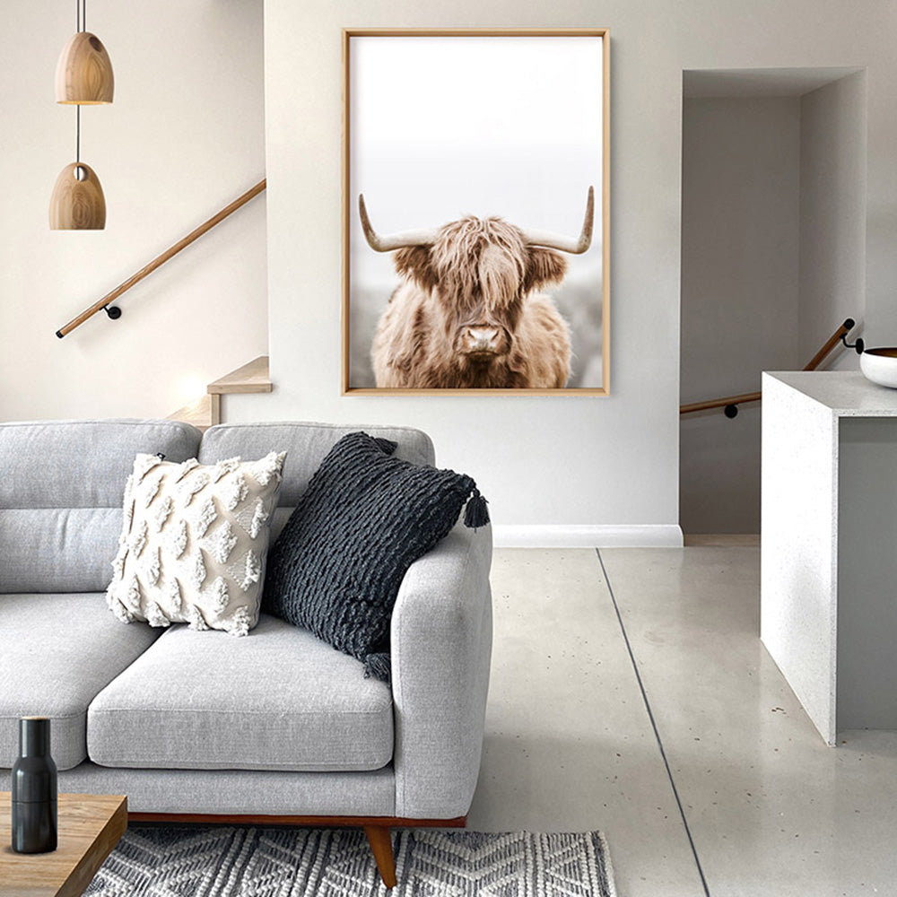 Highland Cow Portrait I - Art Print, Poster, Stretched Canvas or Framed Wall Art Prints, shown framed in a room