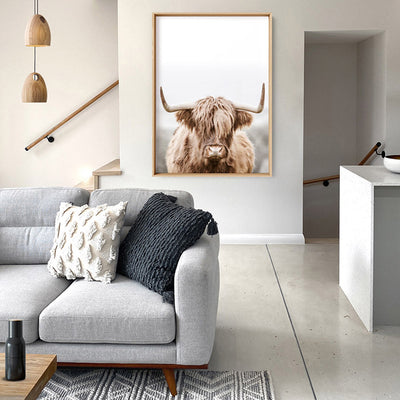Highland Cow Portrait I - Art Print, Poster, Stretched Canvas or Framed Wall Art Prints, shown framed in a room