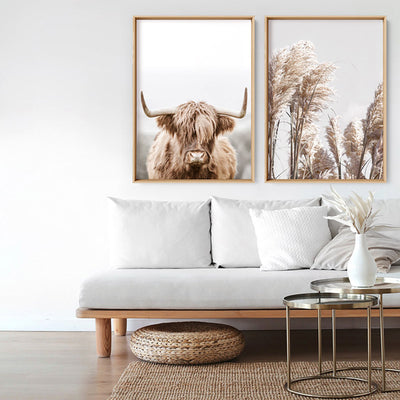 Highland Cow Portrait I - Art Print, Poster, Stretched Canvas or Framed Wall Art, shown framed in a home interior space