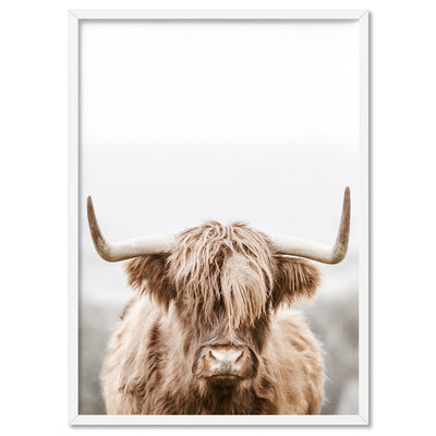 Highland Cow Portrait I - Art Print, Poster, Stretched Canvas, or Framed Wall Art Print, shown in a white frame