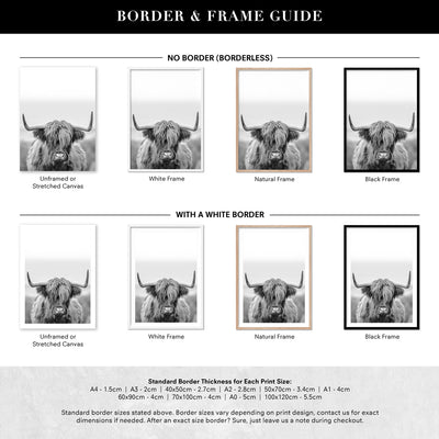 Highland Cow Portrait II B&W - Art Print, Poster, Stretched Canvas or Framed Wall Art, Showing White , Black, Natural Frame Colours, No Frame (Unframed) or Stretched Canvas, and With or Without White Borders