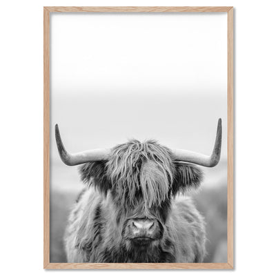 Highland Cow Portrait II B&W - Art Print, Poster, Stretched Canvas, or Framed Wall Art Print, shown in a natural timber frame